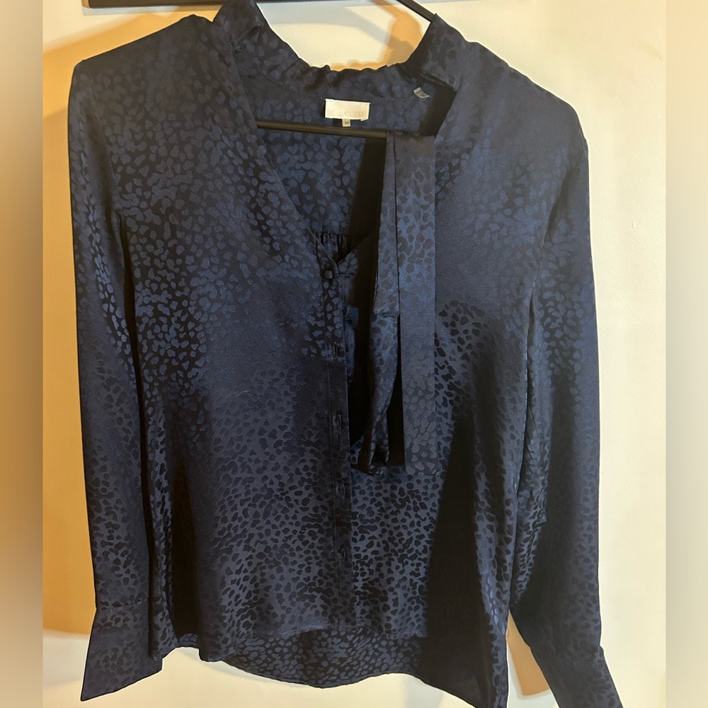 Elegant Ecru blouse, navy blue leopard print comes with matching scarf